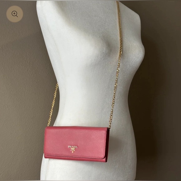 Prada Pink Saffiano Long Wallet with Generic Gold Crossbody Chain - Picture 2 of 16